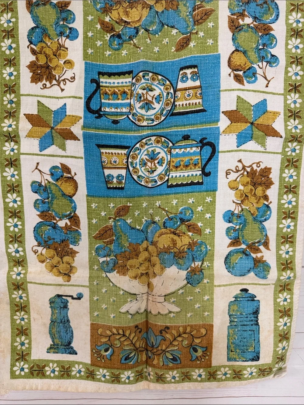Vintage MCM Persian Prints Linen Floral Tea Towel - Blue, Green & Gold Print